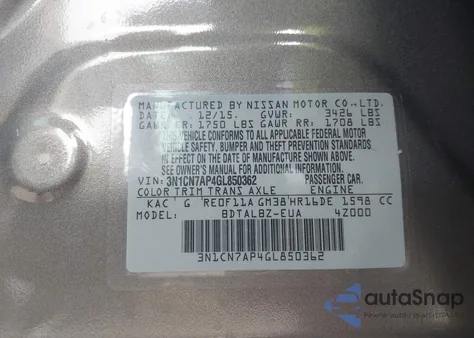 2016 Nissan Versa 1.6 Sv из США, поврежденный, VIN 3N1CN7AP4GL850362